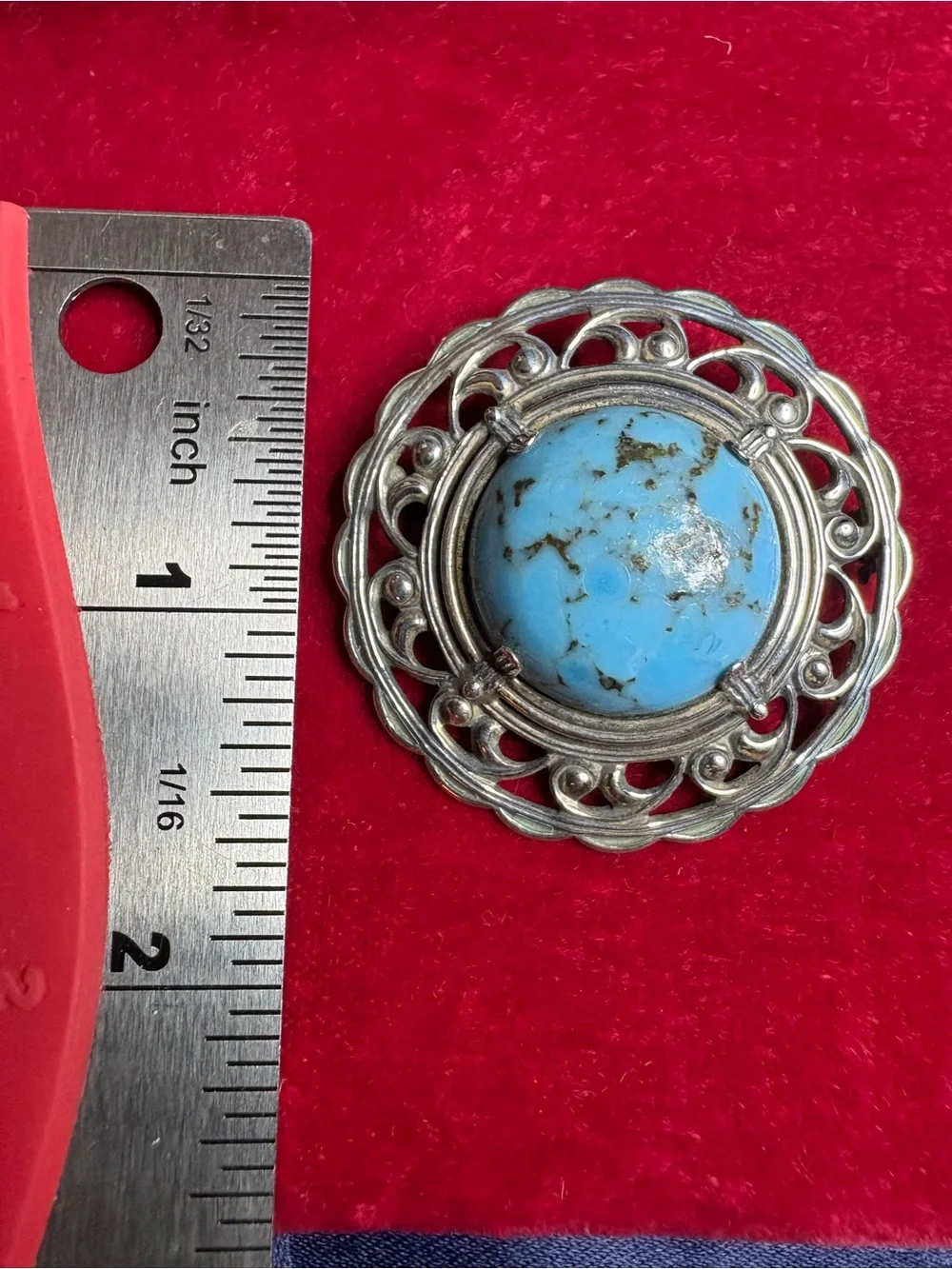 Brooch Genuine Turquoise & 925 Sterling Silver Vintage Art Nouveau Pin